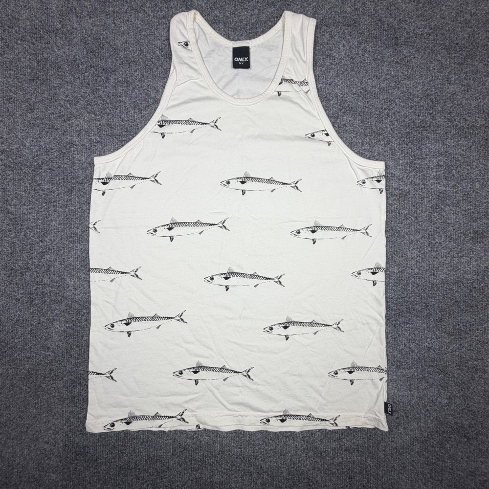 Only NY Mackerel Fish Print Tank Top Mens Large White Black Cotton Made in USA